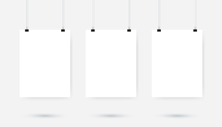 Poster binder clip. Blank white pages hanging against grey background. Vector illustration.のイラスト素材