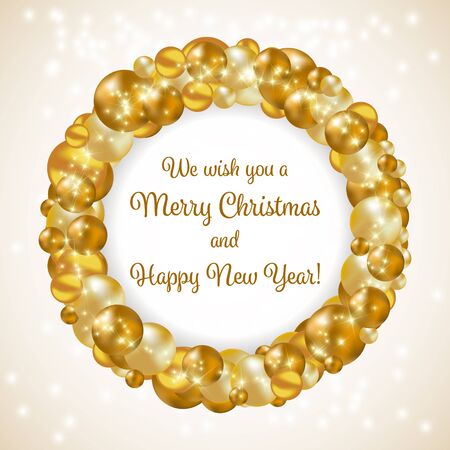 Gold Christmas wreath. We wish you a Merry Christmas and Happy New Year. Design for cover, greeting card, brochure or flyer. Vector illustrationのイラスト素材