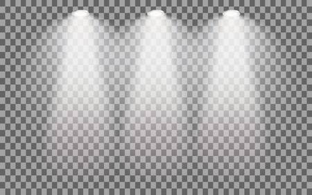 Scene illumination on transparent background. Set of stage illuminated spotlight. Cold light effect. Vector illustration.のイラスト素材