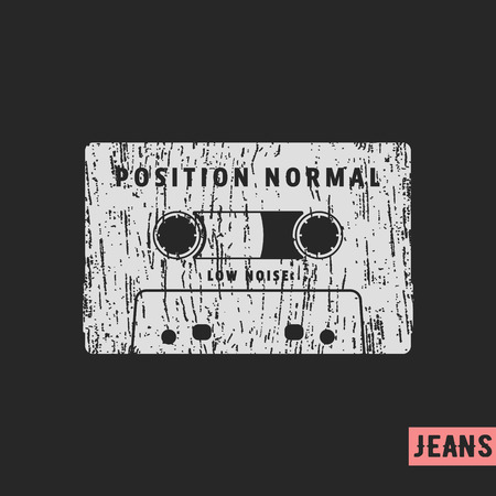T-shirt print design. Compact cassette vintage stamp. Printing and badge applique label t-shirts, jeans, casual wear. Vector illustration.のイラスト素材