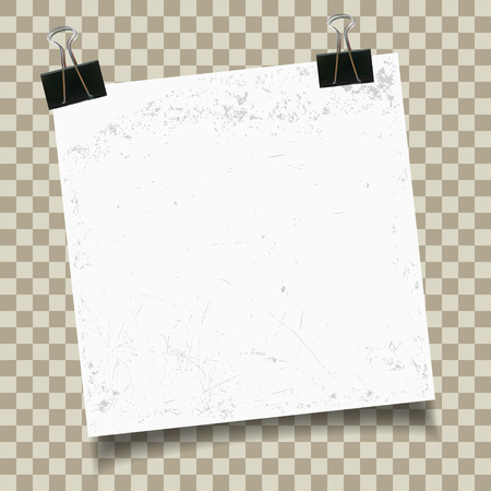 Vintage paper with binder clip on checkered background. Vector illustration.のイラスト素材