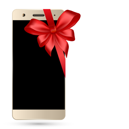 Smartphone with bow isolated on white background. Mobile phone template. Cell phone gift.のイラスト素材