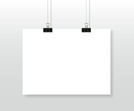 Paper poster template. Blank white page with binder clips hanging against grey background. Empty sheet mockup design. Vector illustration.のイラスト素材