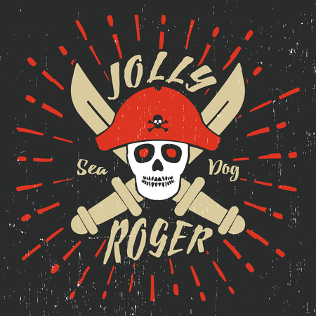 T-shirt print design. Jolly roger pirate vintage stamp. Printing and badge applique label t-shirts, jeans, casual wear. Vector illustration.のイラスト素材