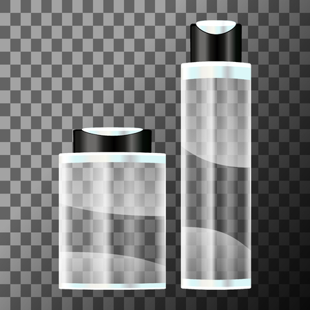 Set of cosmetic bottle on transparent background. Empty bottles for gel, lotion, cream, shampoo and conditioner. Vector illustration.のイラスト素材