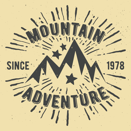 T-shirt print design. Mountain adventure vintage stamp. Printing and badge applique label t-shirts, jeans, casual wear. Vector illustration.のイラスト素材