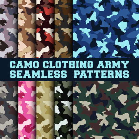 10 camouflage clothing army seamless patterns. Set of military camo various color combination. Vector illustration.のイラスト素材