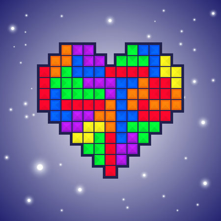 Mosaic heart colored brick games pieces. Heart old video game designed for greeting card, gift wrapping, invitation printing, valentine day background, brochure or flyer. Vector illustration.のイラスト素材
