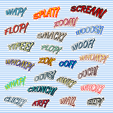 Retro comic sound effects for t-shirt print design. Patch fashion, vintage stamp, printing and badge applique label t-shirts, jeans, casual wear. Vector illustration.のイラスト素材