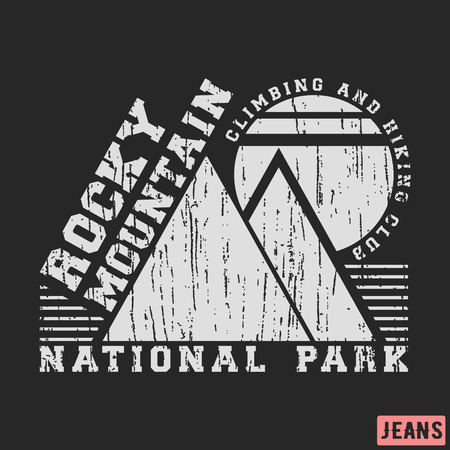 T-shirt print design. Rocky mountain vintage stamp. Printing and badge applique label t-shirts, jeans, casual wear. Vector illustration.のイラスト素材