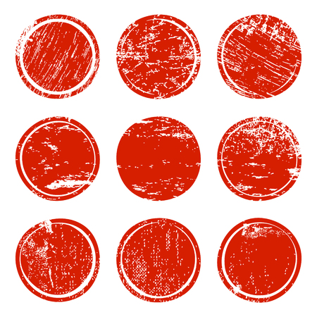 Red grunge texture circles isolated on white background. Set of blank post stamp, banner,  badge and label template. Vector illustration.のイラスト素材