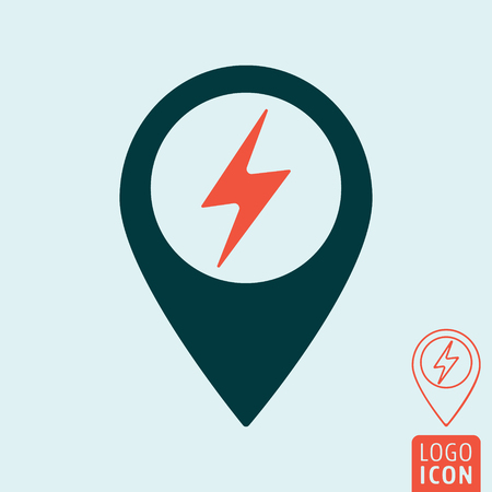 Electric car charging station map pin icon. Electrical cable plug charge location point. Vector illustration.のイラスト素材