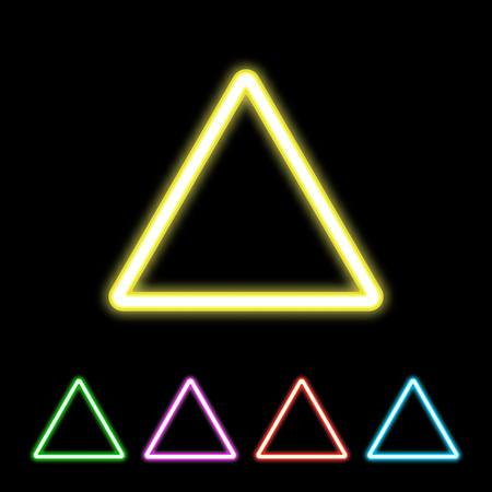 Colorful neon triangle sign. Glowing colored triangles set. Vector illustration.のイラスト素材