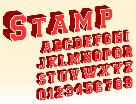 3d alphabet font template. Letters and numbers vintage stamp design. Vector illustration.のイラスト素材