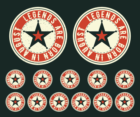 Legends are born in various months - vintage t-shirt round stamp set. Design for badge, applique, label, t-shirts print, jeans and casual wear. Vector illustration.のイラスト素材