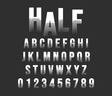 Halftone alphabet font template. Letters and numbers half tone stamp design. Vector illustration.のイラスト素材
