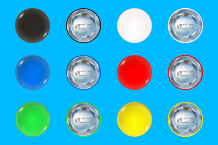 Set of colored pin button front and back side. Blank badge brooch mockup design. Vector...