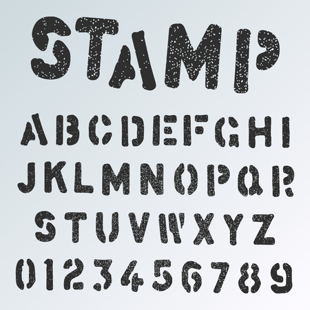 Stamp alphabet font template. Grunge letters and numbers stencil design. Vector illustration.のイラスト素材