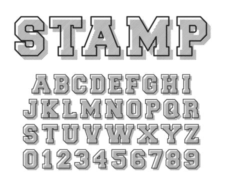 Stamp alphabet font template. Letters and numbers hatch line design. Vector illustration.のイラスト素材