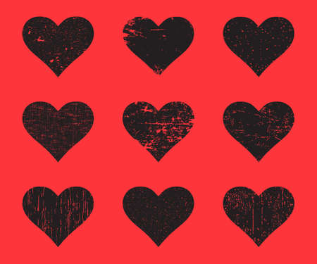 Black grunge hearts set. Distressed texture heart isolated on a red background. Vector illustration.のイラスト素材
