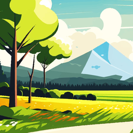 Summer landscape cartoon design background with trees and mountains. Vector illustration.のイラスト素材