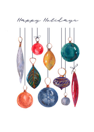 Holiday card with hand painted watercolor christmas tree decorationsの写真素材