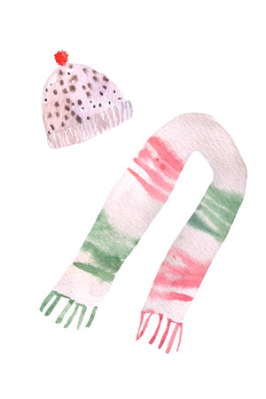 Winter clothing watercolor illustration. Includes mittens, scarf, and stocking cap. isolated on white backgroundの写真素材