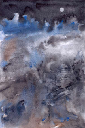 Hand painted watercolor night, river landscape by moonlightの写真素材