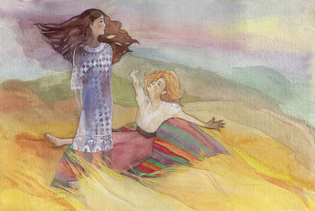 Hand drawn watercolor picture of girls in the fieldの写真素材