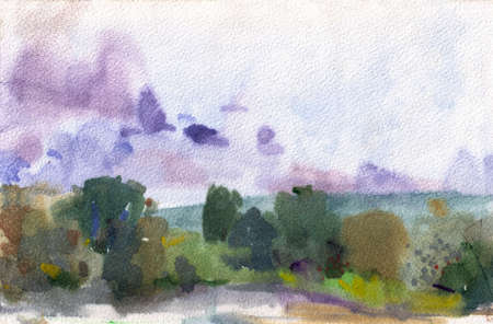 Hand-drawn acarel landscape, picture of a view of the field behind the treesの写真素材