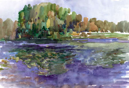 Hand-drawn watercolor landscape overlooking the other side of the riverの写真素材