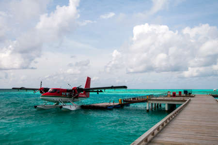 Sea plane docked at the arrival pier, Maldives.の写真素材