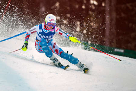 BANSKO, BULGARIA - MARCH  1, 2015: Margot Bailet (FRA) competes in the Audi FIS Alpine Ski World Cup Ladies' alpine combinedon MARCH  1 ,2015 in Bansko, Bulgariaのeditorial素材