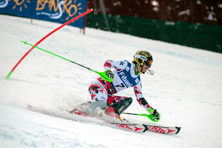 Bansko,Bulgaria - March 1, 2015: Kathrin Zettel (AUT) takes 3 th place during the Audi FIS Alpine Ski World Cup Ladies' alpine combinedo on March  1, 2015 in Bansko, Bulgariaのeditorial素材