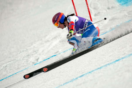 Bansko,Bulgaria - March 2, 2015 :Dominique Gisin (SUI) competes in the Audi FIS Alpine Ski World Cup Ladies' Super G on March 2, 2015 in Bansko, Bulgaria.のeditorial素材