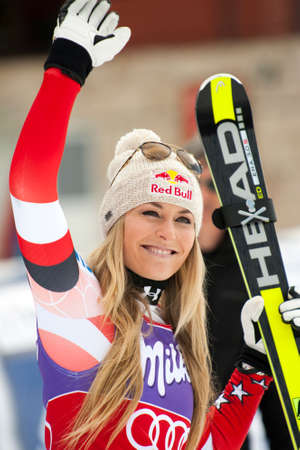 Bansko,Bulgaria - March 2, 2015: Lindsey Vonn (USA) is happy with the 3 th place at the Audi FIS Alpine Ski World Cup Ladies' Super G on March  2, 2015 in Bansko, Bulgariaのeditorial素材