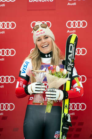 Bansko,Bulgaria - March 2, 2015: Lindsey Vonn (USA) is happy with the 3 th place at the Audi FIS Alpine Ski World Cup Ladies' Super G on March  2, 2015 in Bansko, Bulgariaのeditorial素材