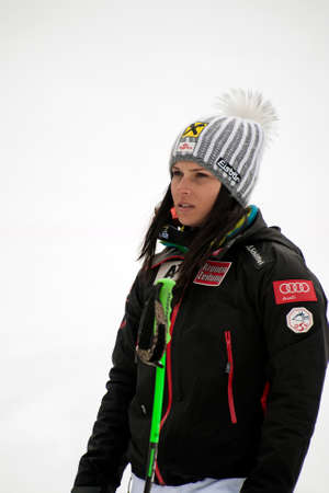 Bansko,Bulgaria - March 2, 2015: Anna Fenninger (AUT)  takes 1st place during the Audi FIS Alpine Ski World Cup Ladies' Super G on March  2, 2015 in Bansko, Bulgariaのeditorial素材