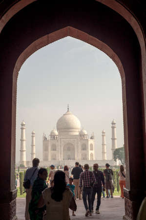 AGRA INDIA  APRIL 232015: Taj Mahal Mousoleum in Agra on April  23 2015. Taj Mahal was built by Mughal emperor Shah Jahan in memory of his third wife Mumtaz Mahal.のeditorial素材