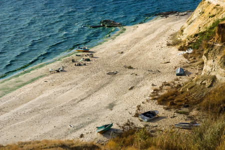Beach with fishermen boats on the Tsimlyansk reservoirの写真素材