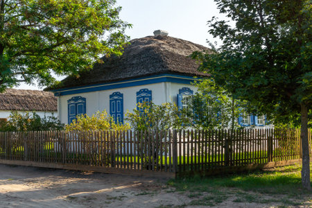 VESHENSKAYA, RUSSIA - AUGUST 28, 2021: Typical middle class Cossack house. Whitewashed adobe walls, shuttered windows and a reed roofのeditorial素材