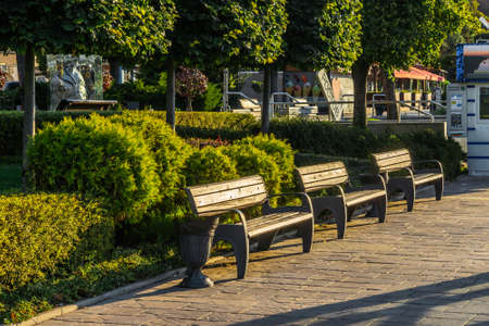 ROSTOV-ON-DON, RUSSIA - SEPTEMBER 7, 2021: three benches for rest on the embankment of the Don Riverのeditorial素材