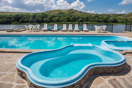 Recreation area with a swimming pool on the banks of the Seversky Donets River near the town of Belaya Kalitvaの写真素材
