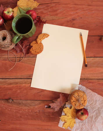 Autumn breakfast - homemade cookie and cup of tea, top view. place for textの写真素材