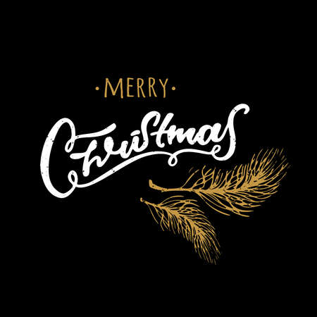 Merry Christmas hand drawn design elements. Black and white hand written. fir branches. Vintage retro texturedのイラスト素材