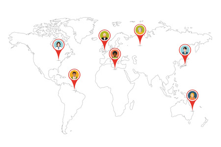 People pin gps location on world map outline isolated on whiteのイラスト素材