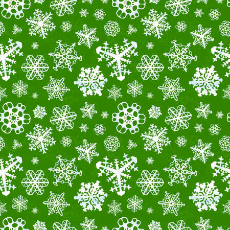 Different modern snowflakes on green background seamless patternのイラスト素材