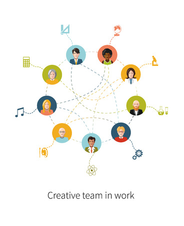 Creative team in work, people avatars with signs their professionsのイラスト素材