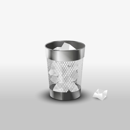 Steel trash can with paper garbage realistic vector iconのイラスト素材