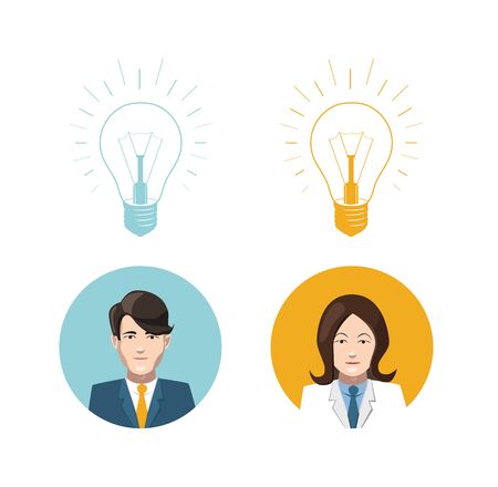 Mans and womans avatars with lighting bulb idea iconsのイラスト素材